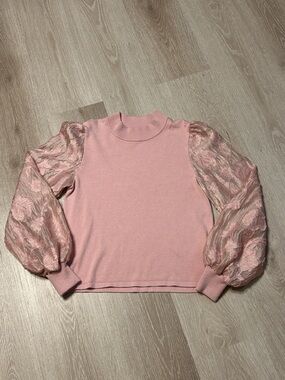Versona Pink Satin Embroidered Floral Puffed Sleeve Knit Sweater sz Medium